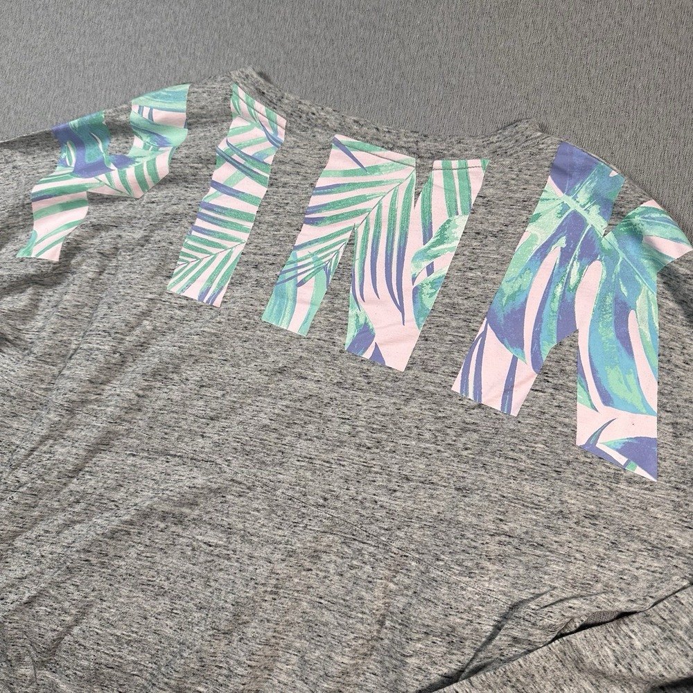 Victoria's Secret Pink Spirit Jersey Shirt Woman's‎ S Grey Cropped Tropical EUC